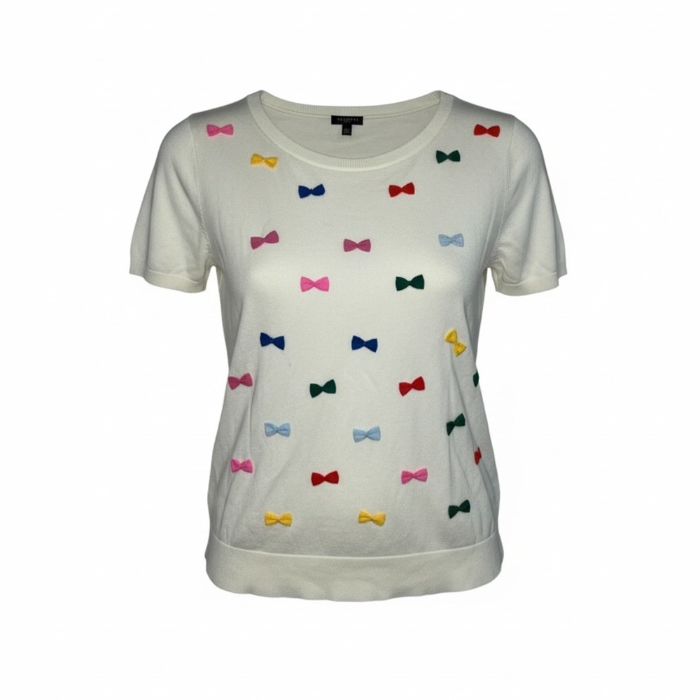 Talbots White Short Sleeve Top with Multicolor Bow Accents